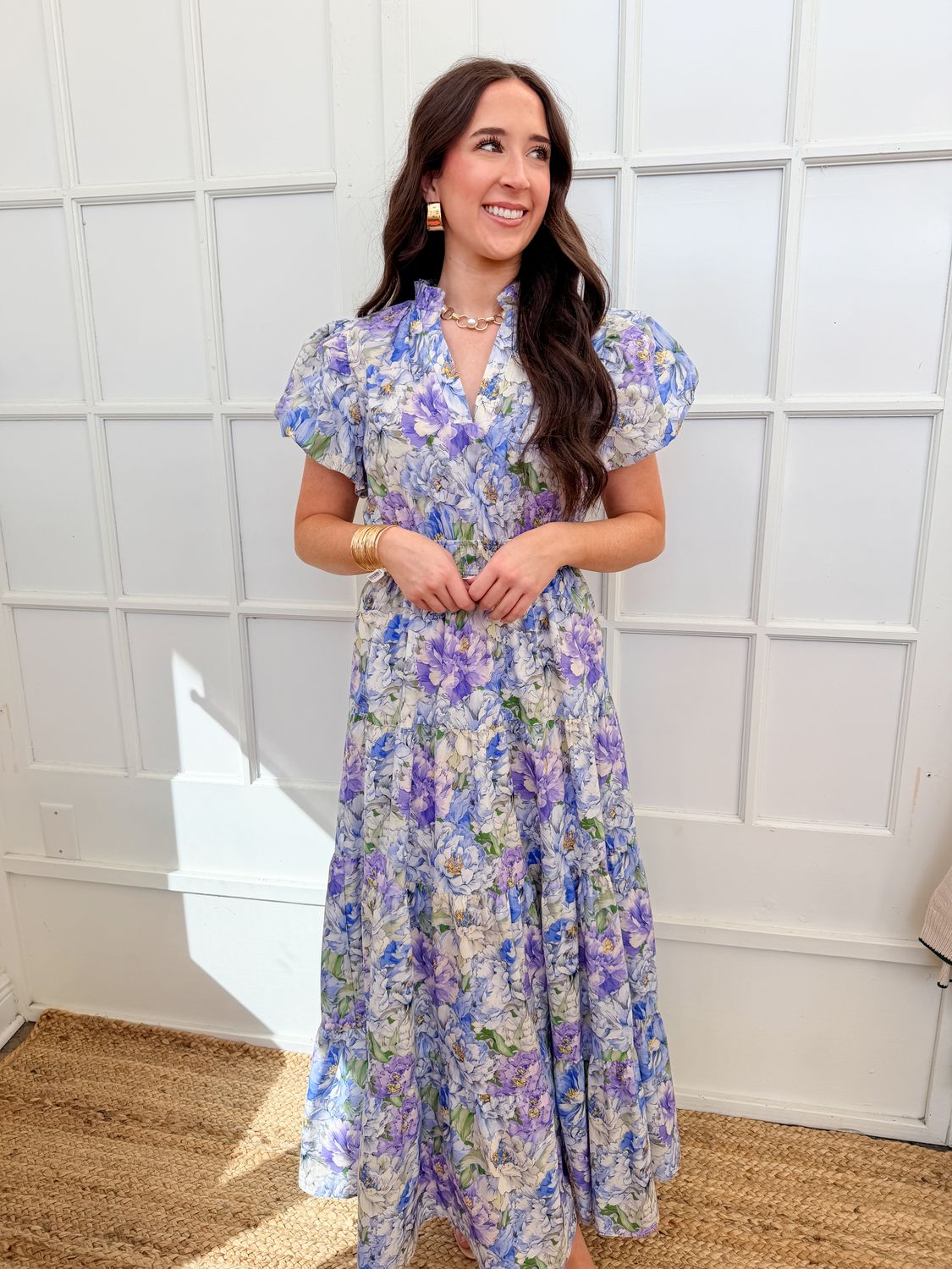 A Simple Life Puff Sleeve Floral Midi Dress