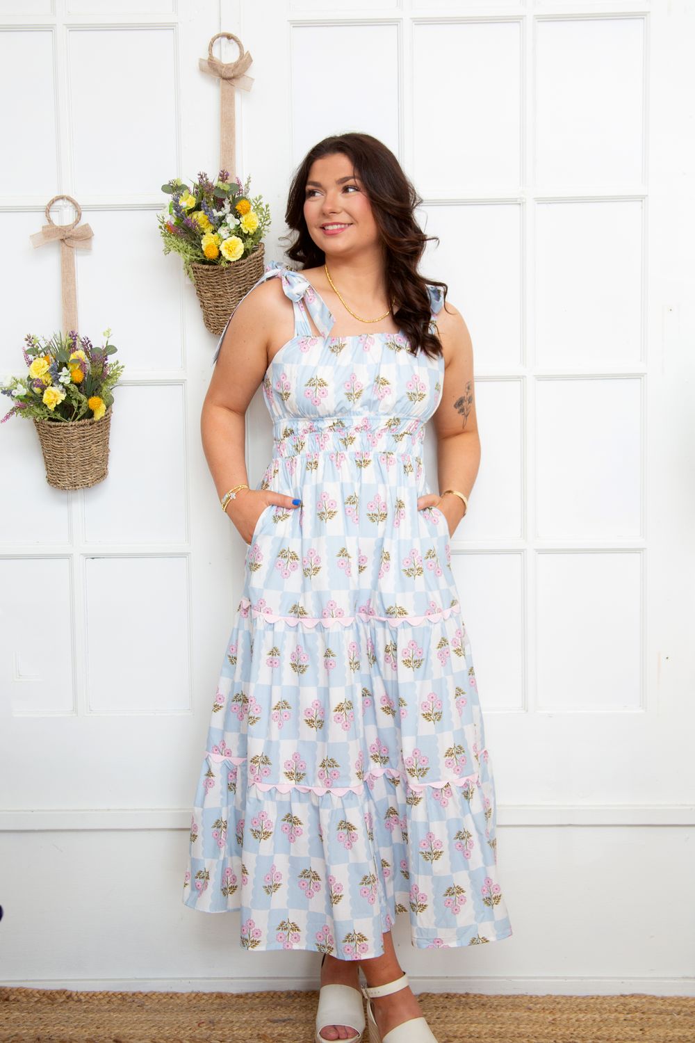 The First Bloom Bow Tie Band Ric Rack Floral Tiered Midi