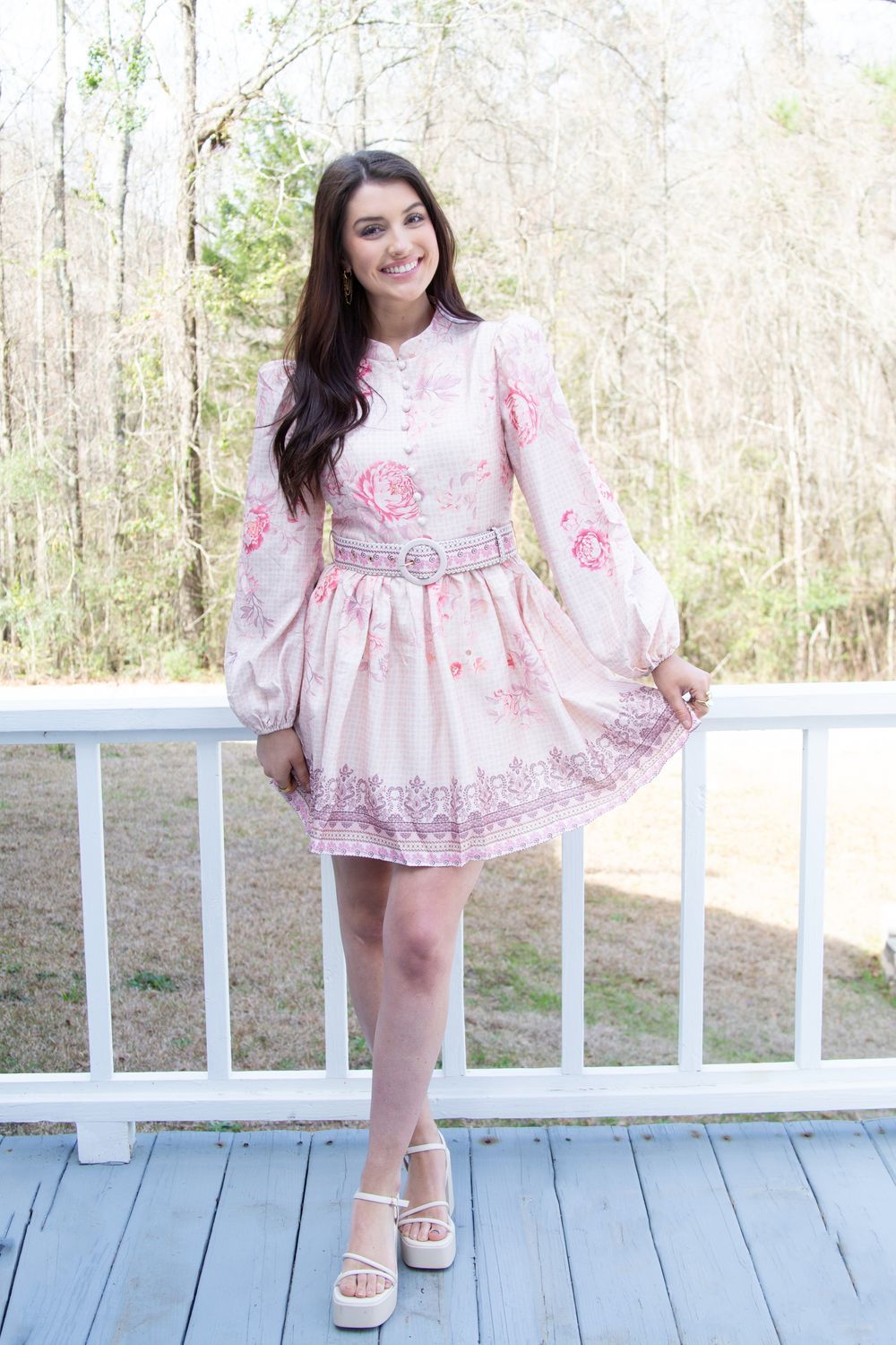 Wild Blossom Vintage Floral Mock Neck Mini LS Dress