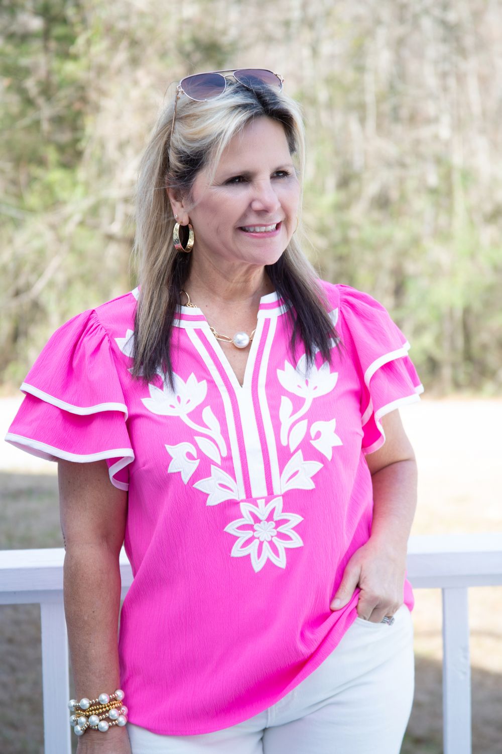 Rare Love Flutter Sleeve Floral Applique Top