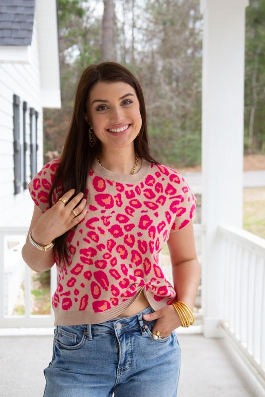 Something Special Front Knot Accent Leopard Sweater