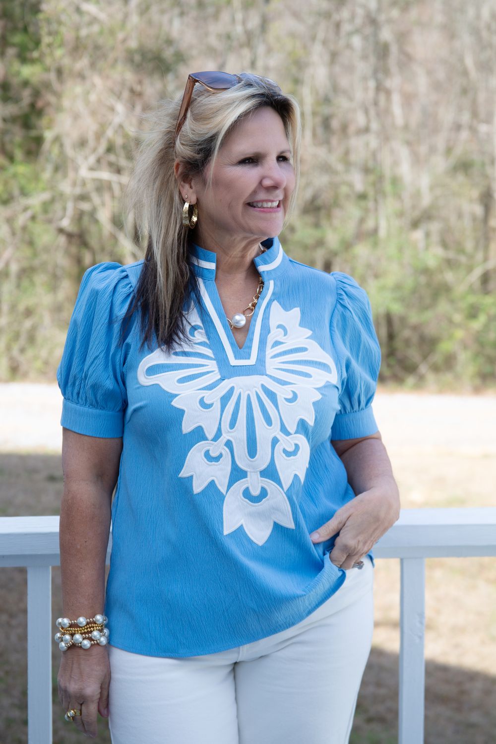 Let's Talk About it Baroque Floral Applique Detail Top