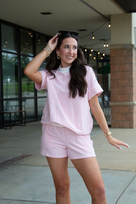 Jojo Oversized Mock Neck Striped Short Set