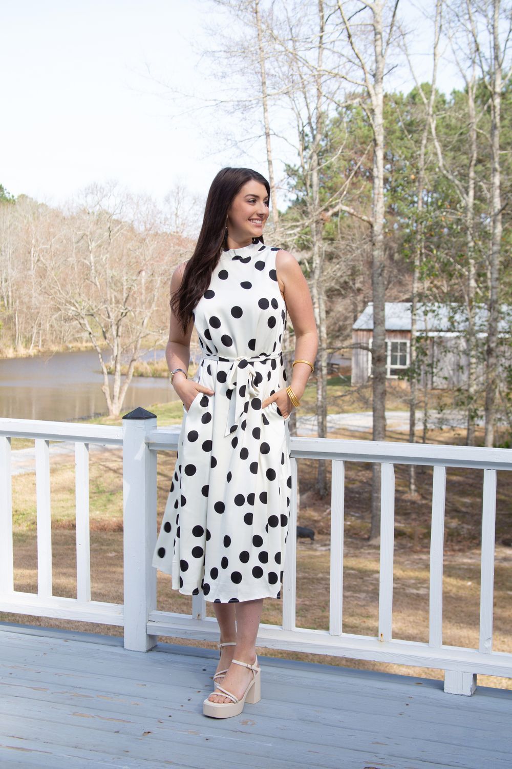Dazed &amp; Confused Polka Dot Mock Neck Waist Tie Midi Dress