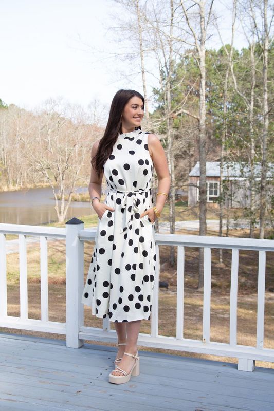 Dazed &amp; Confused Polka Dot Mock Neck Waist Tie Midi Dress