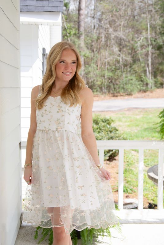 Floral Flirty Embroidered Bow Strap Mini Dress