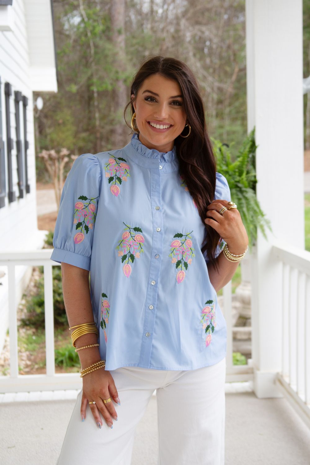 Nautical Nights Floral Embroidery Puff Sleeve Top