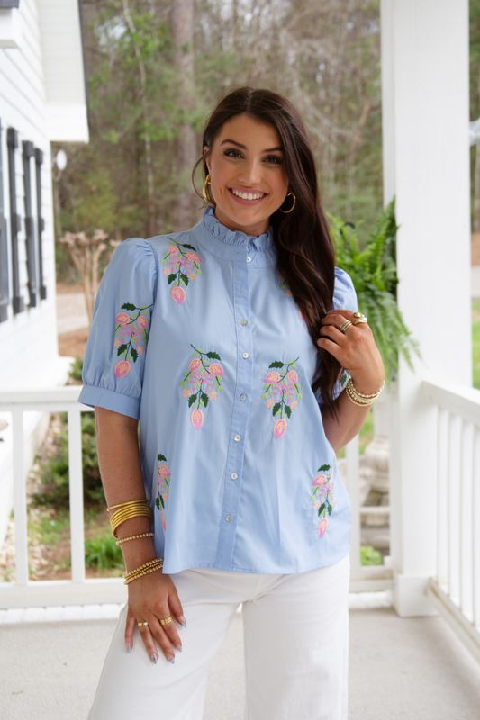 Nautical Nights Floral Embroidery Puff Sleeve Top