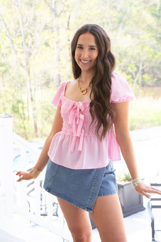 Sea Breeze Front Tie Puff Sleeve Smocked Top