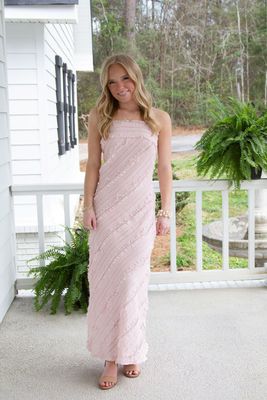 Dreamy Air Diagonal Ruffle Strapless Maxi Dress