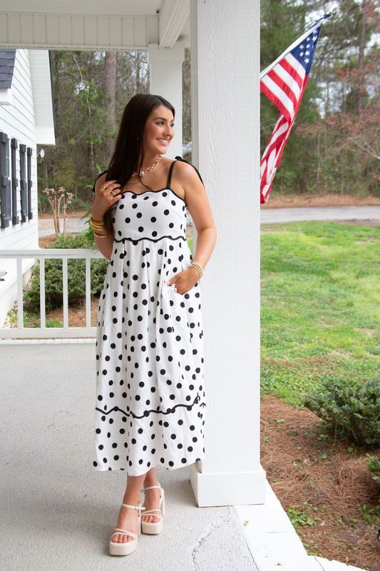 Good Start Polka Dot Scallop Trim Midi Dress
