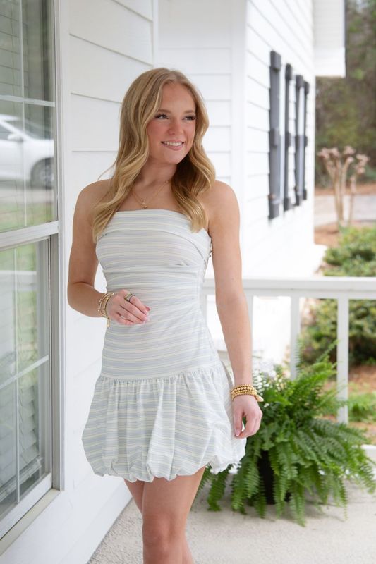 Cloudy Days Folded Bust Bubble Stripe Mini Dress
