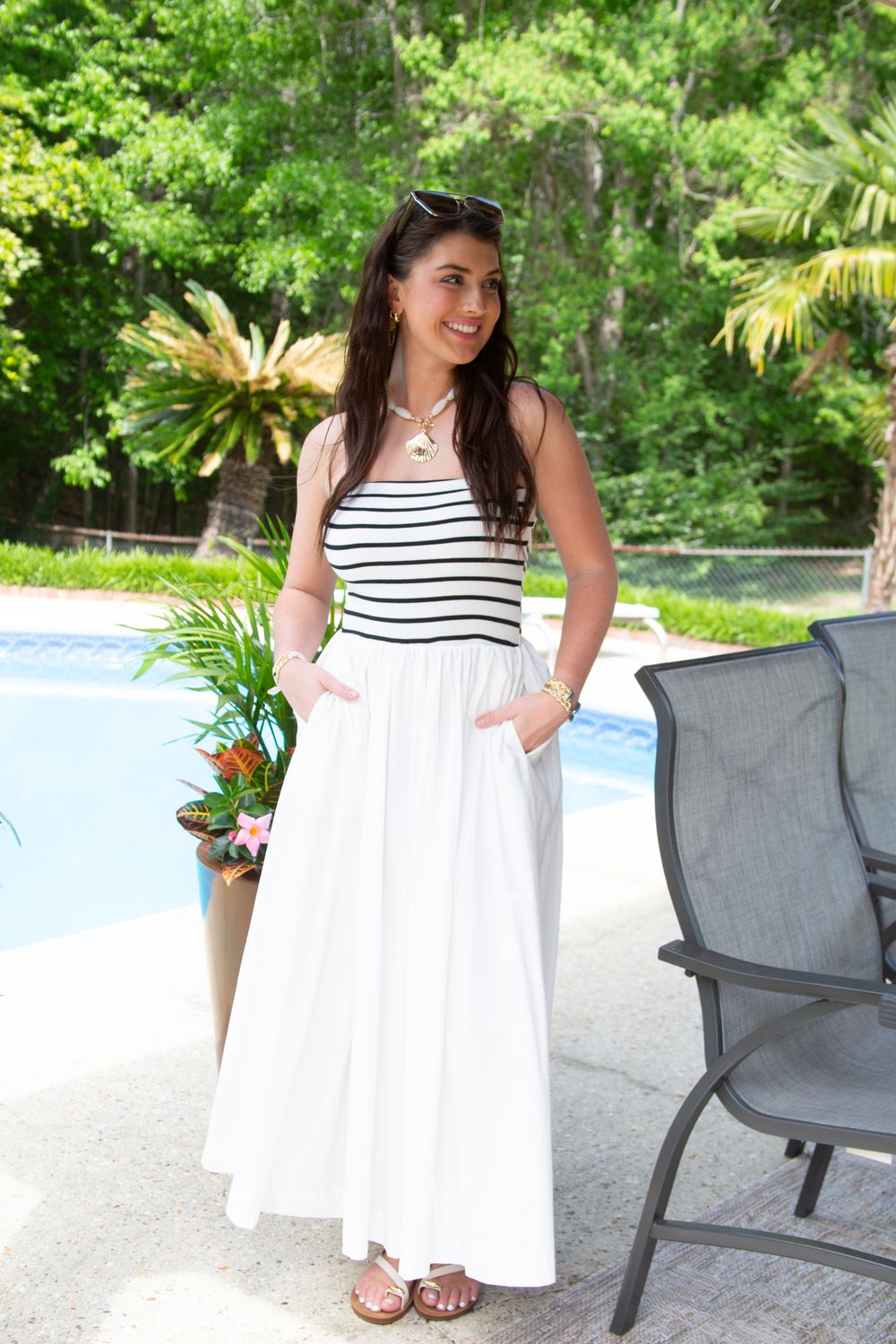 Downtown Desire Striped Strapless Flowy Midi Dress