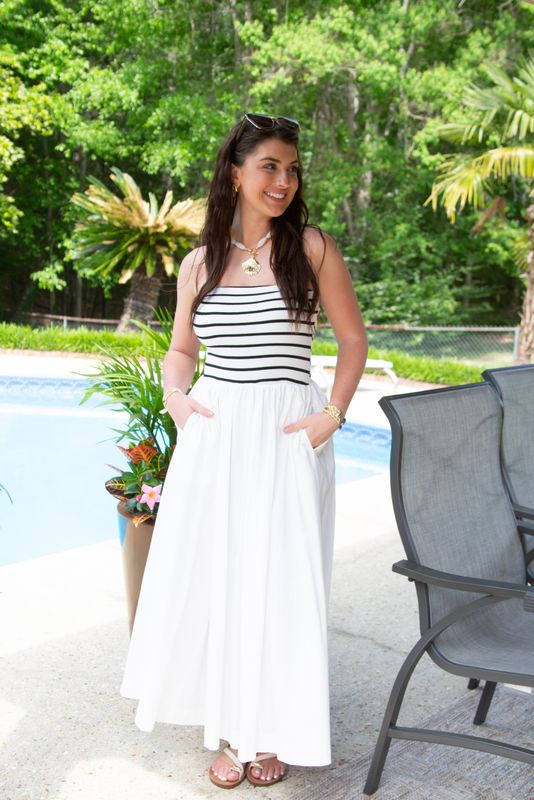 Downtown Desire Striped Strapless Flowy Midi Dress