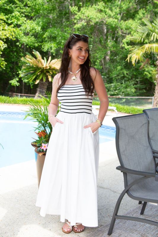 Downtown Desire Striped Strapless Flowy Midi Dress