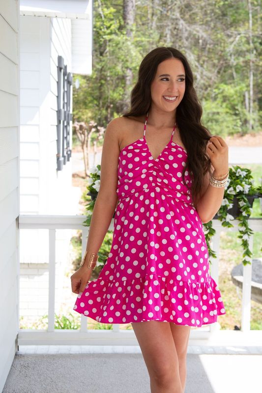 Bellini Beauty Polka Dot Pleated Halter Mini Dress