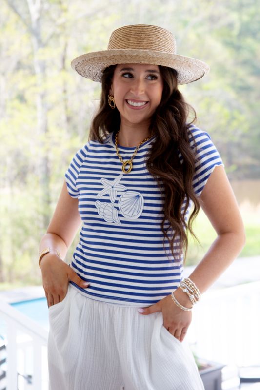 By the Sea Shore Striped Embroidered Patch Top