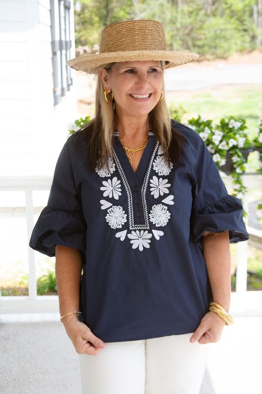 Start off Right Balloon Sleeve Embroidered Top