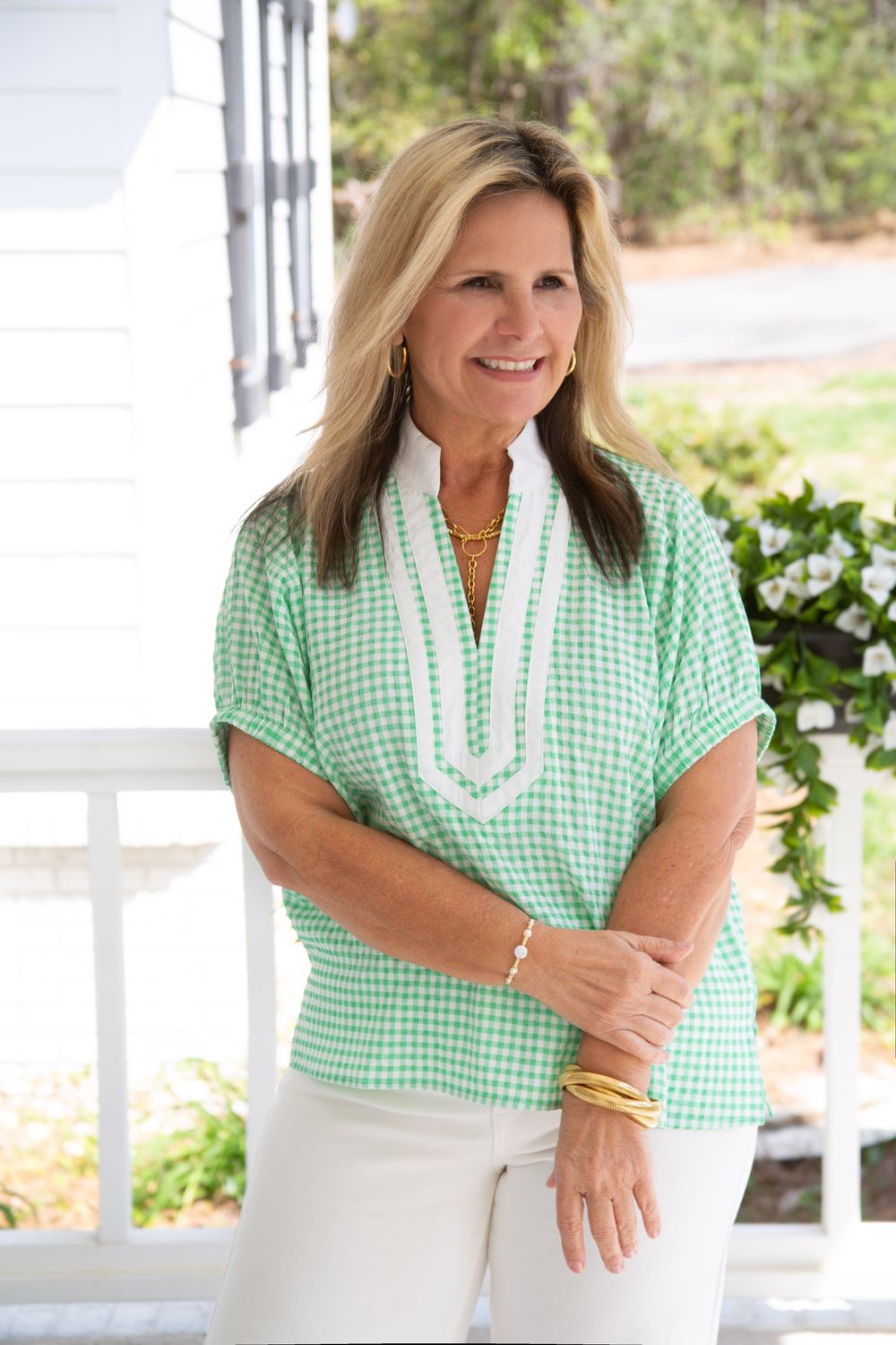 Here with Me Gingham Contrast V Neck Top