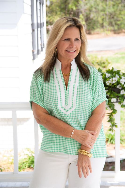 Here with Me Gingham Contrast V Neck Top