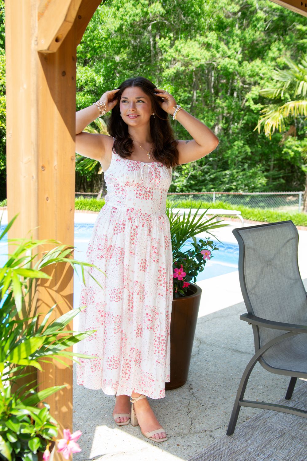 Midnight Moments Floral Corset Front Tie Midi Dress