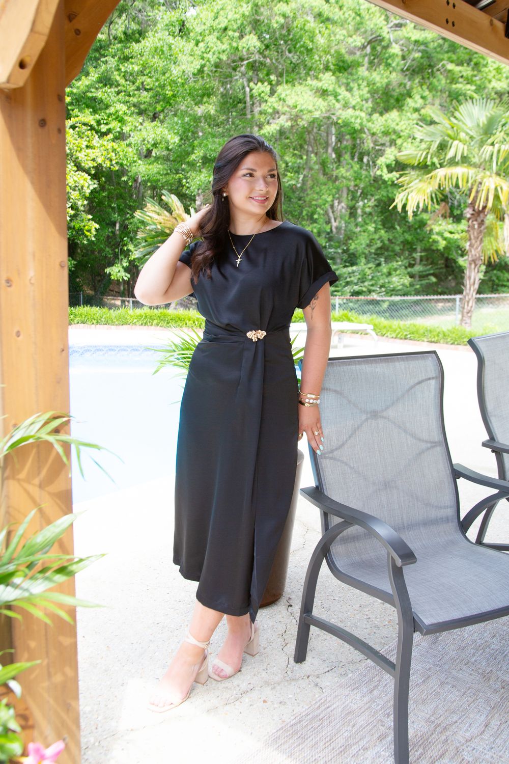 Graceful Gift Metal Accent Gathered Midi Dress