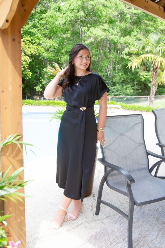 Graceful Gift Metal Accent Gathered Midi Dress