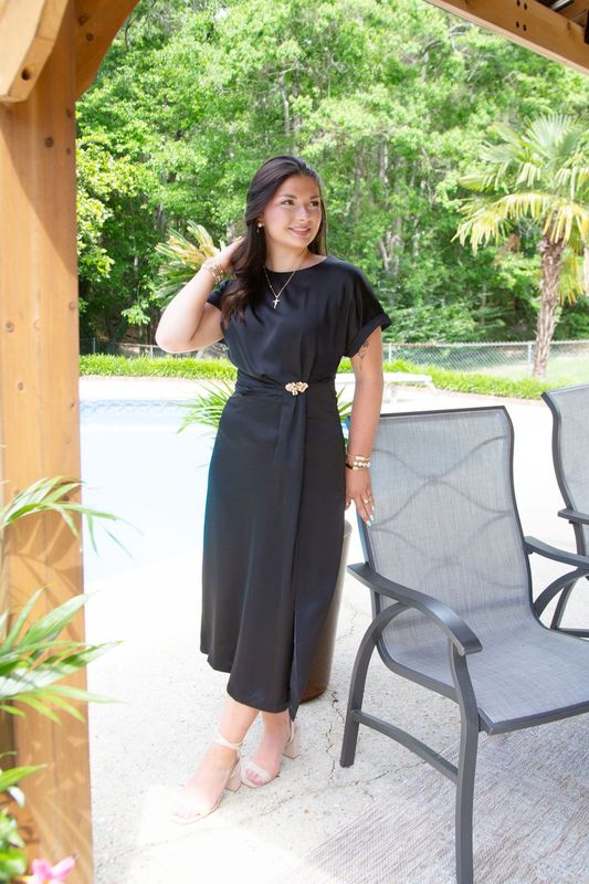 Graceful Gift Metal Accent Gathered Midi Dress