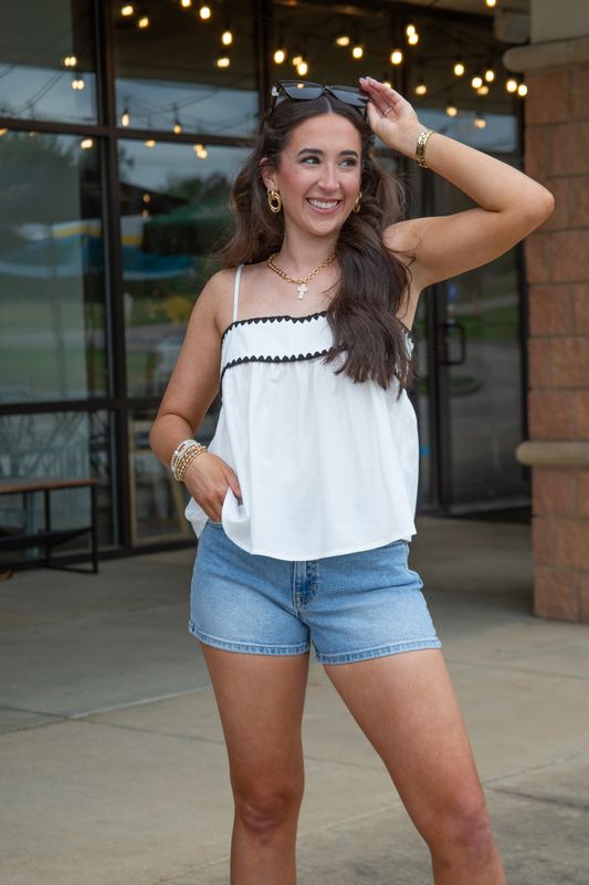 So Feminine Ric Rac Trim Sleeveless Babydoll Top