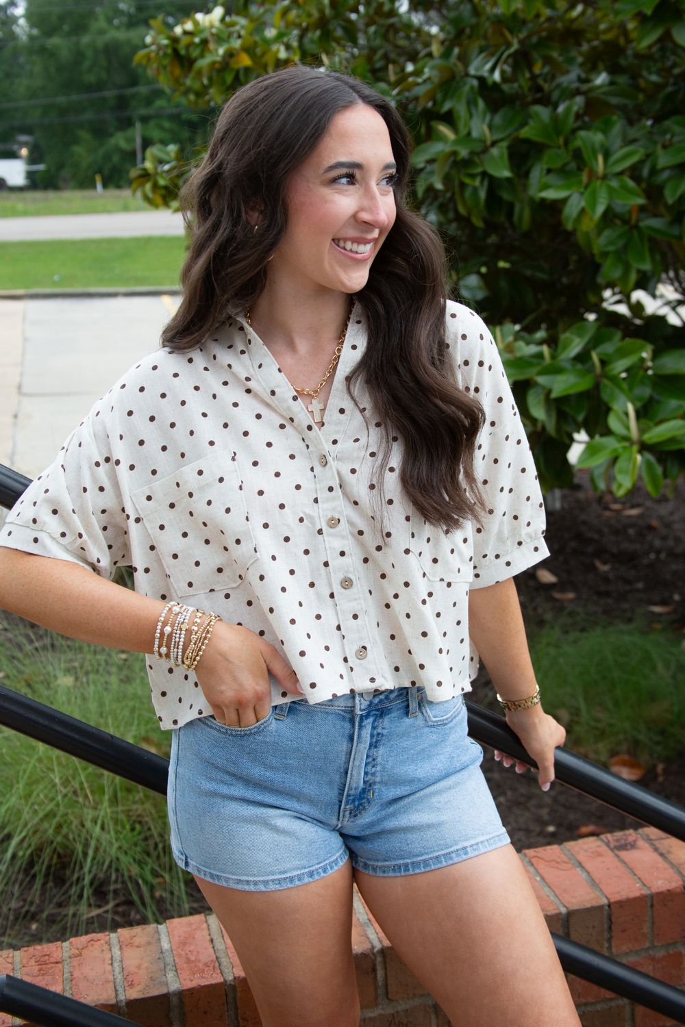 In the Air Polka Dot Button Down Top