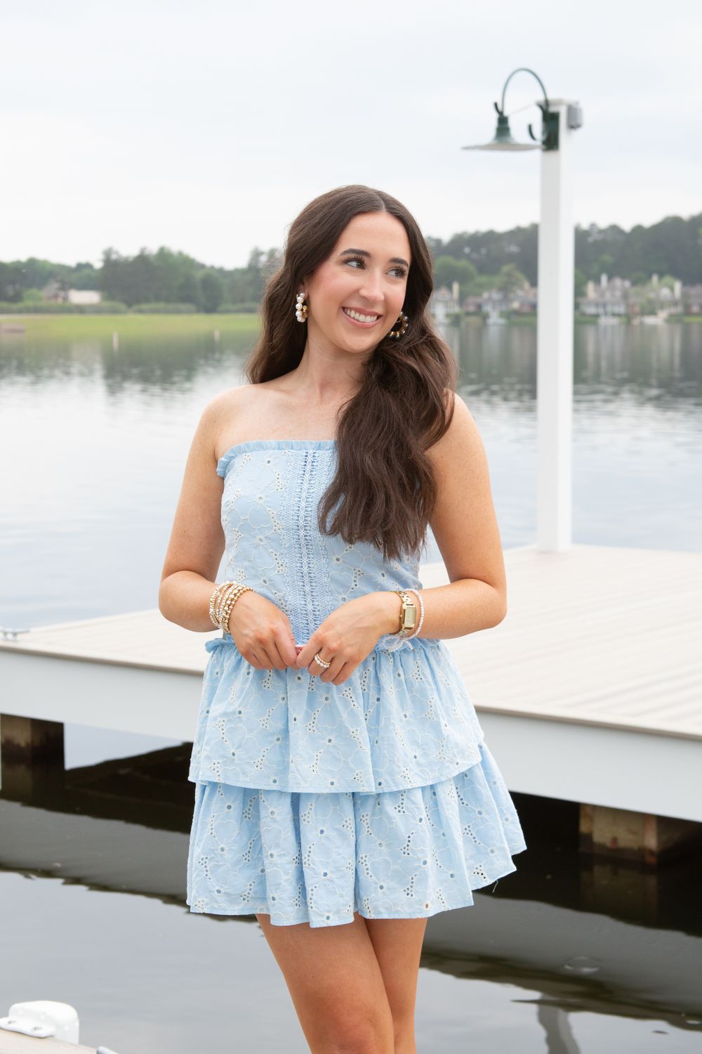 Rio Nights Strapless Eyelet Lace Tiered Mini Dress