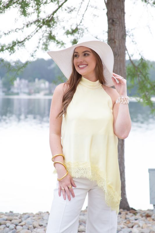 Have My Attention Assymmetric Lace Hem High Neck Top
