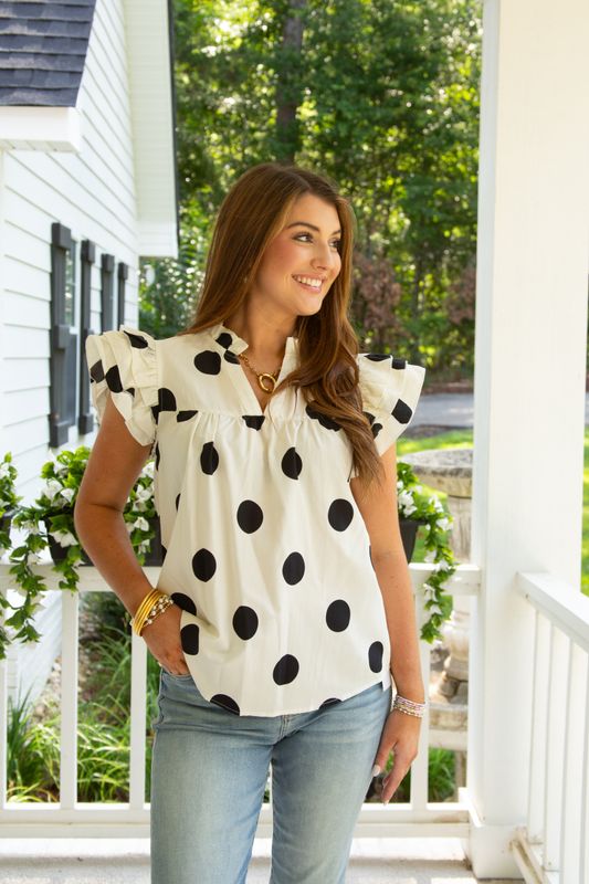 Vacation Mode V Neck Polka Dot Ruffle Top