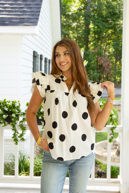 Vacation Mode V Neck Polka Dot Ruffle Top