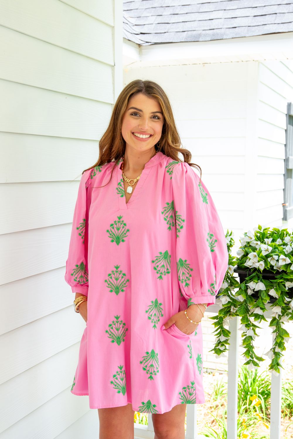 Biggest Flirt 3/4 Sleeve Embroidered V Neck Mini Dress
