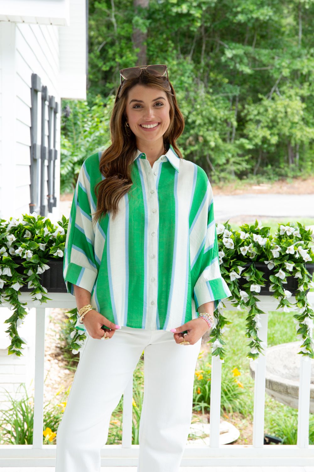 Main Event Striped Button  Dolman Top