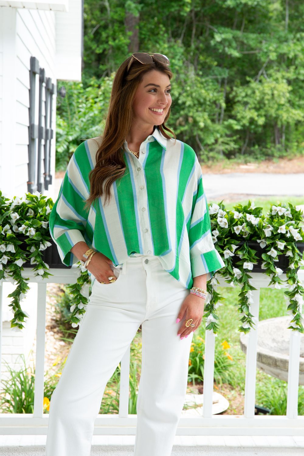 Main Event Striped Button  Dolman Top