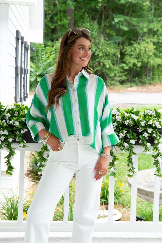 Main Event Striped Button  Dolman Top