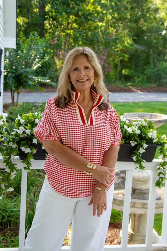 So Very Loved Gingham Colorblock Split Neck Top