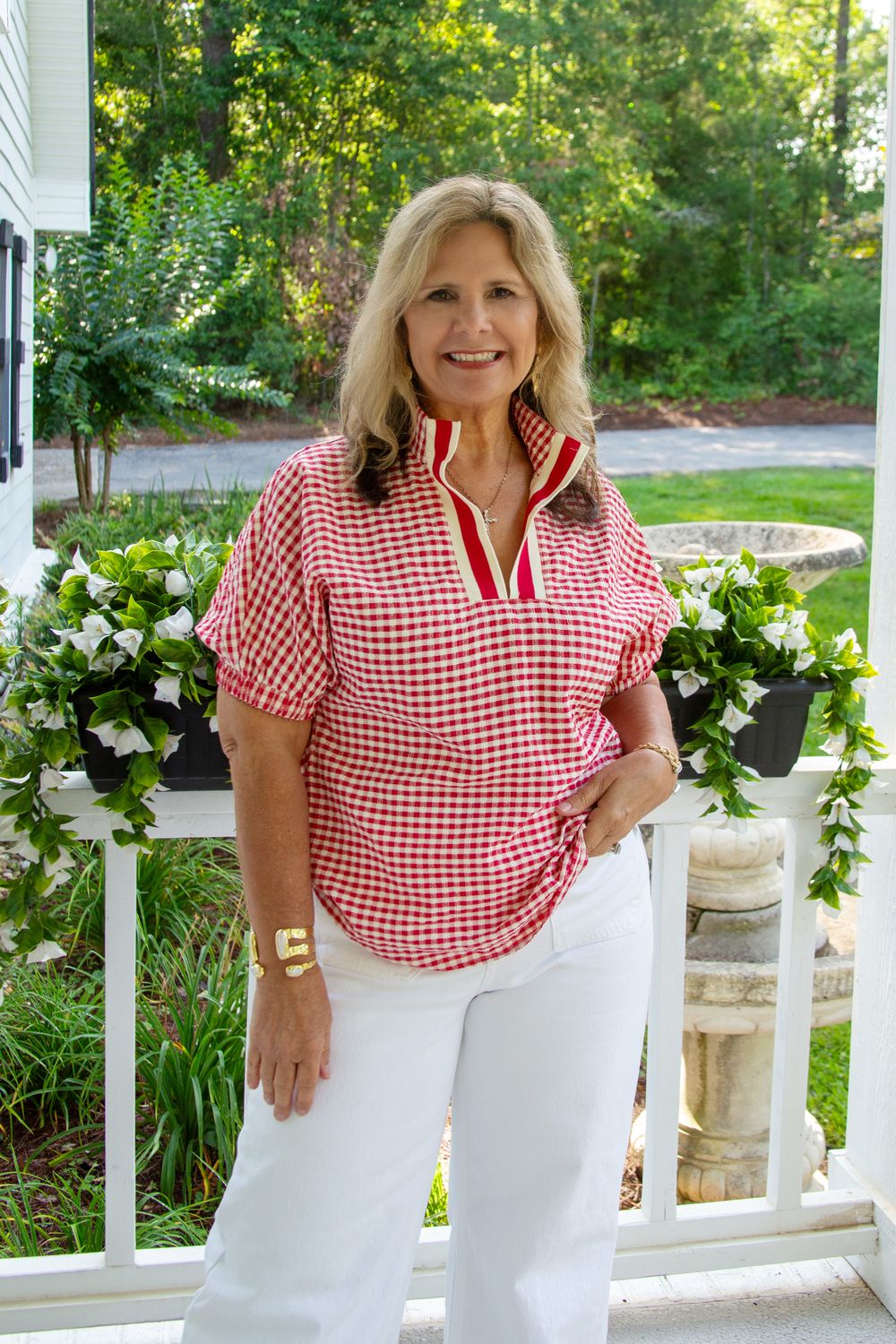 So Very Loved Gingham Colorblock Split Neck Top