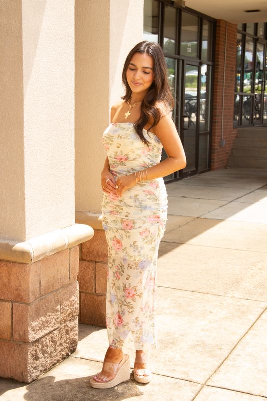Playful Mood Floral Print Mesh Strapless Midi Dress