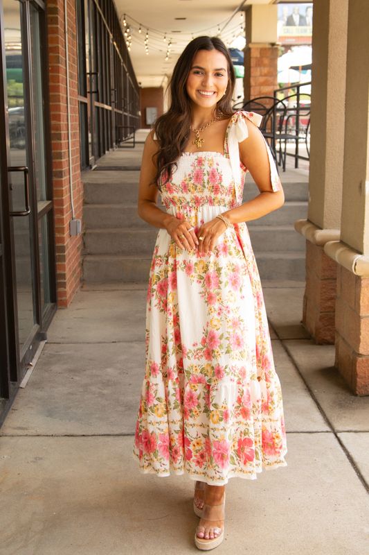 Radiant Beauty Floral Tie Strap Midi Dress
