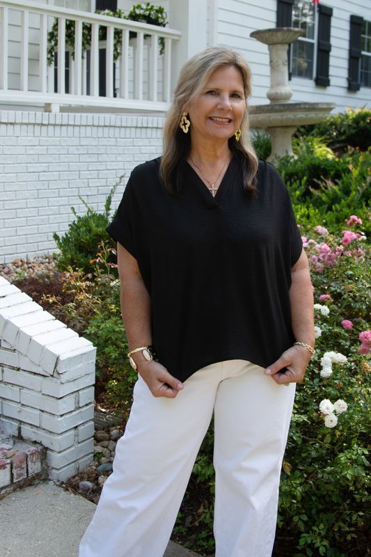 Glistening Smile Crinkled V Neck Top