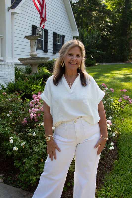Glistening Smile Crinkled V Neck Top