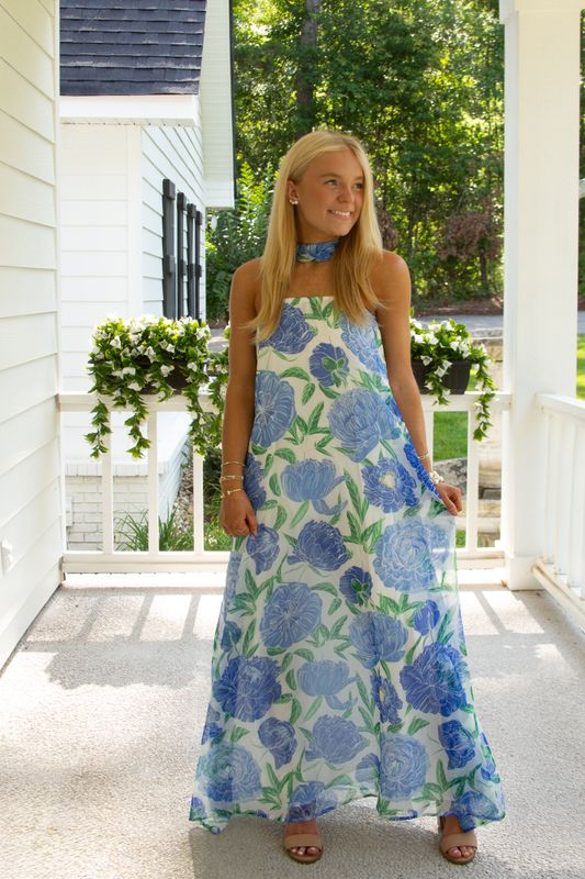 Bali Breeze Strapless Floral Maxi Dress w/ Convertible Scarf