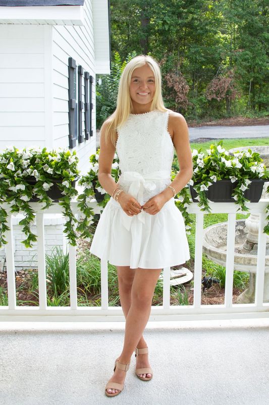 Uptown Lace Floral Belt Strap Mini Dress