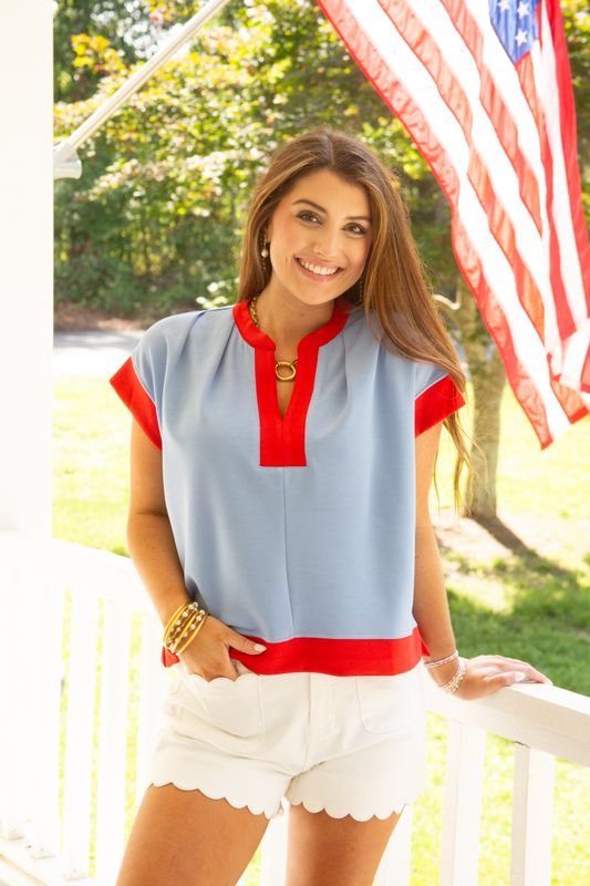 Passing Through Contrast Detail Cap Sleeve Top