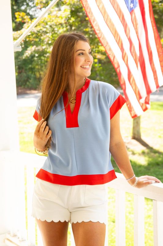 Passing Through Contrast Detail Cap Sleeve Top