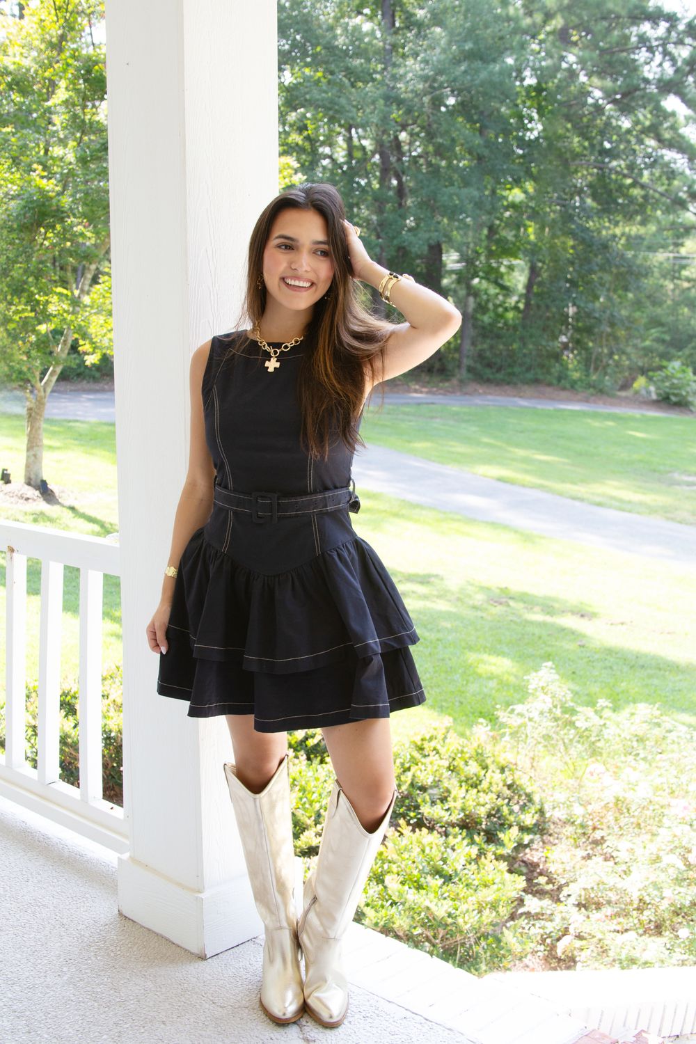 Electric Escapade Contrast Stitch Belted Mini Dress