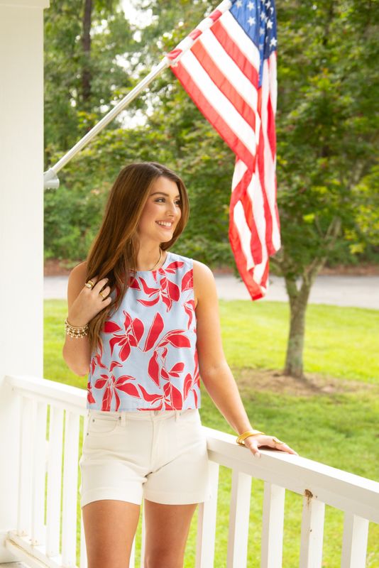 Flirty Flare Sleeveless Back Button Print Top